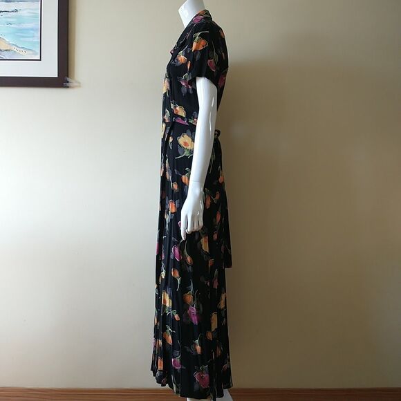 VTG Expo Maxi Wrap Dress 6 Black Floral Short Sleeve Made In USA Cottagecore 80s - Picture 6 of 11